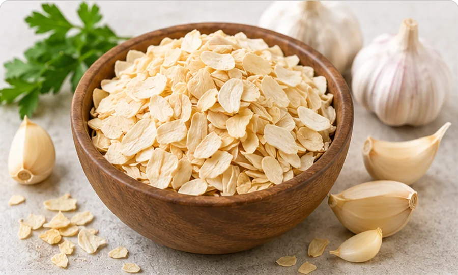 Dehydrated garlic flakes in a wooden bowl