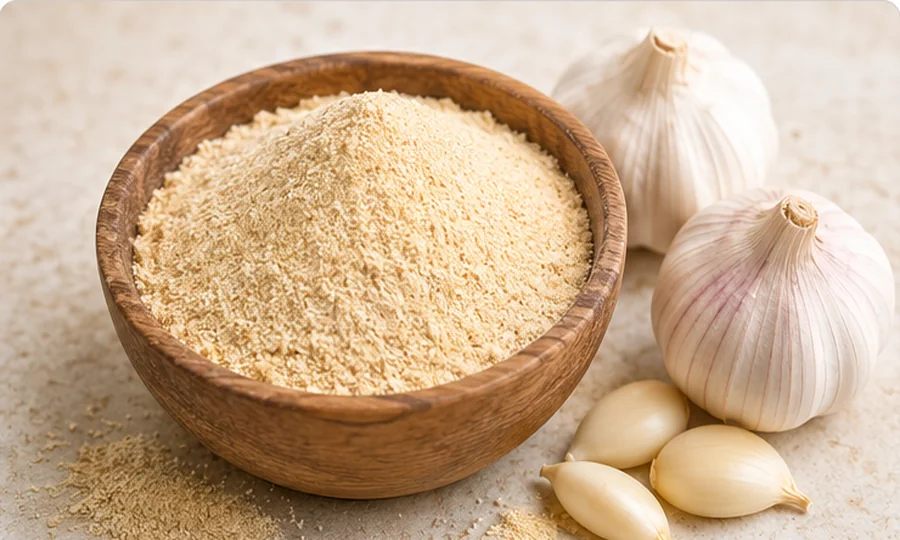 Garlic powder in a wooden bowl