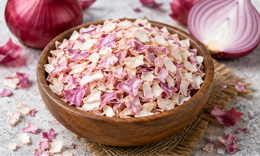 Dehydrated onion flakes in a wooden bowl