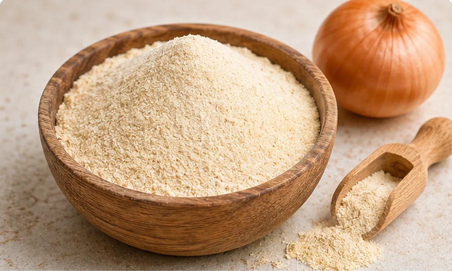 Onion powder in a wooden bowl